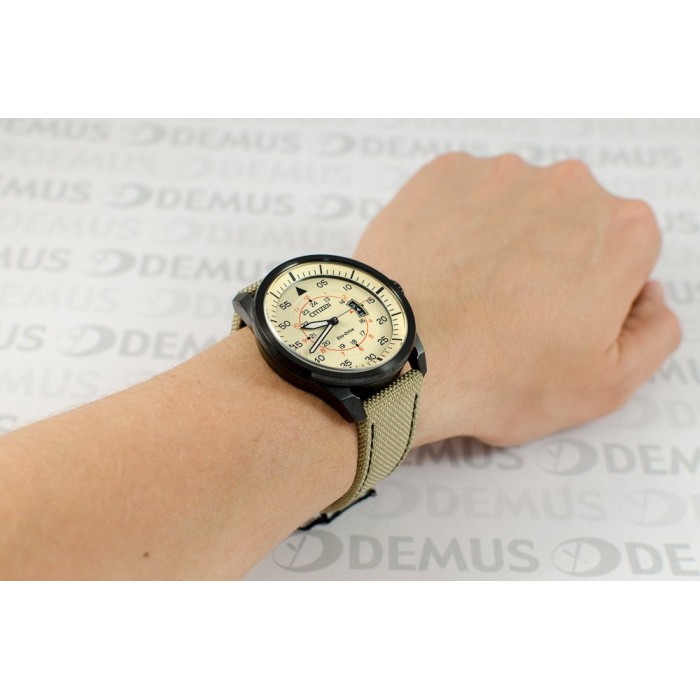 100% Original) Citizen Gents AW1365-19P Aviator Eco-Drive Beige  Leather-Backed Nylon Solar Watch