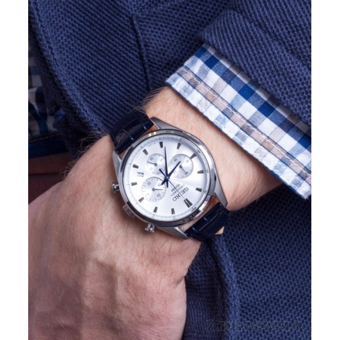 Seiko Men's SSB291P1 Chronograph Silver Dial Dark Navy Blue Leather Watch