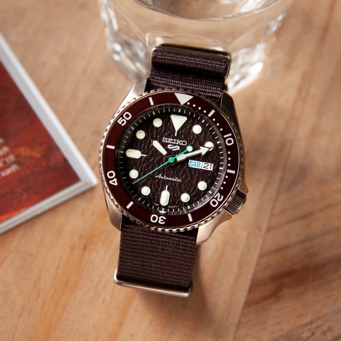 Seiko 5 Sports Superman SRPD85K1 Automatic 100M Brown Dial Brown Nylon Band  Gents Watch