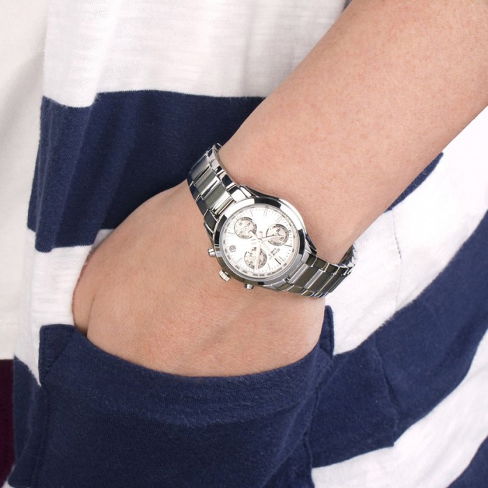 OFFICIAL WARRANTY) Casio Sheen SHN-5000BP-7A Analog Chronograph Silver Dial  Stainless Steel Bracelet Women's Watch