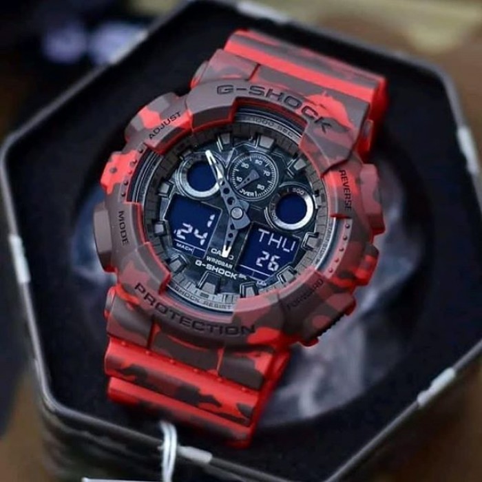OFFICIAL WARRANTY) Casio G-Shock GA-100CM-4A Camouflage Series Analog  Digital Red Resin Watch GA100CM