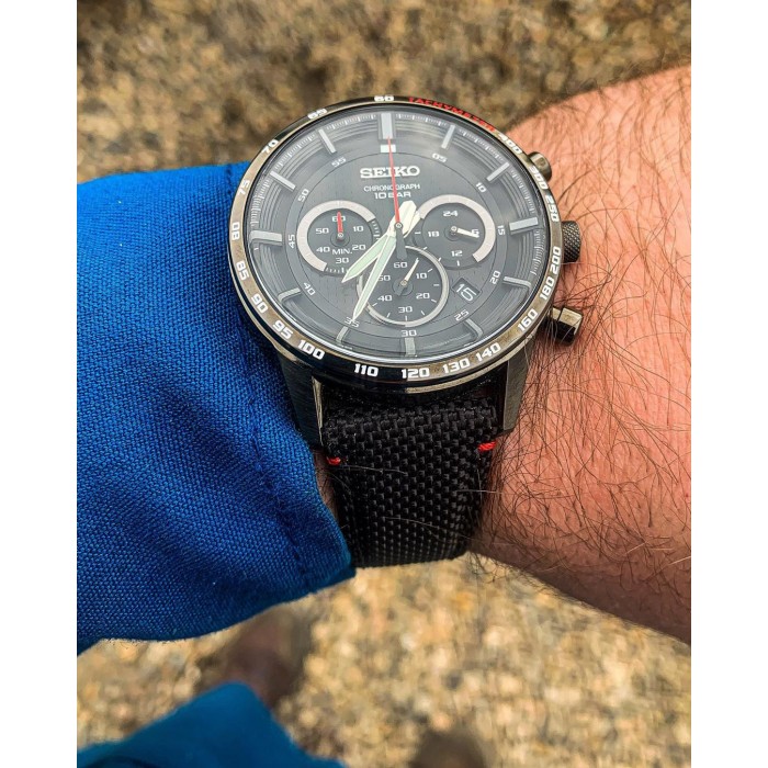 Seiko SSB359P1 Sports Quartz Chronograph Black Dial Hardlex Crystal Glass  Black Nylon-Topped Leather Strap Men's