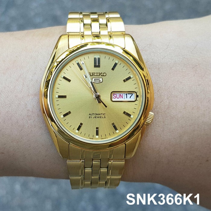Seiko 5 SNK366K1 Automatic See-thru Back Gold Dial Gold-Tone Stainless  Steel Men's Watch
