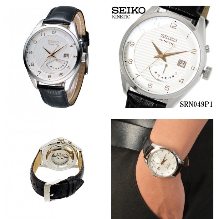 Seiko SRN049P1 Kinetic White Dial Curved Hardlex Glass Stainless Steel Case  Black Calfskin Leather Strap Men's