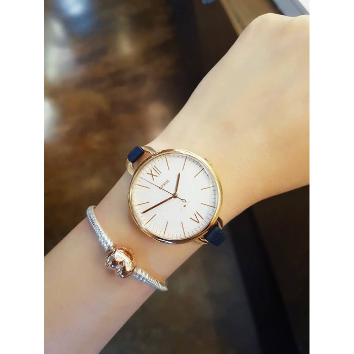 Rose Gold-Tone Case Navy Blue Leather Strap