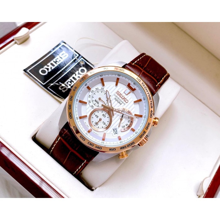 Seiko SSB306P1 Quartz Chronograph White Dial Stainless Steel Case Hardlex  Glass Brown Leather Strap Men's Watch