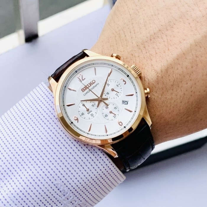 Seiko SSB342P1 Quartz Chronograph Curved Hardlex Glass Stainless Steel Case  Brown Leather Strap Men's Watch