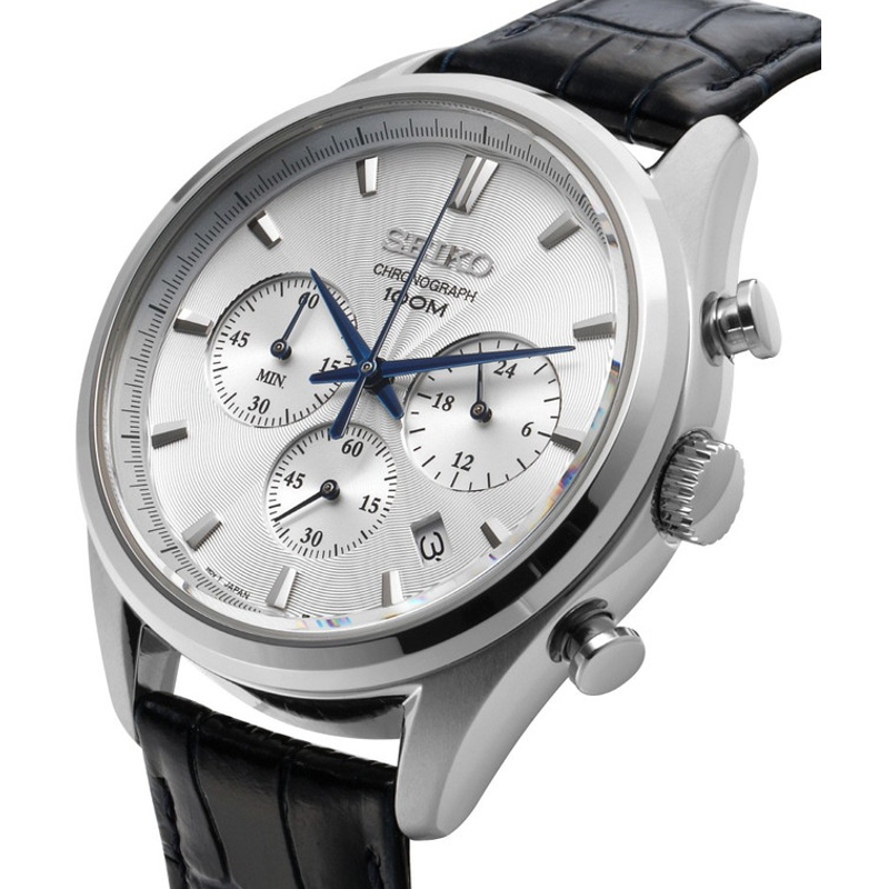 Seiko Men's SSB291P1 Chronograph Silver Dial Dark Navy Blue Leather Watch