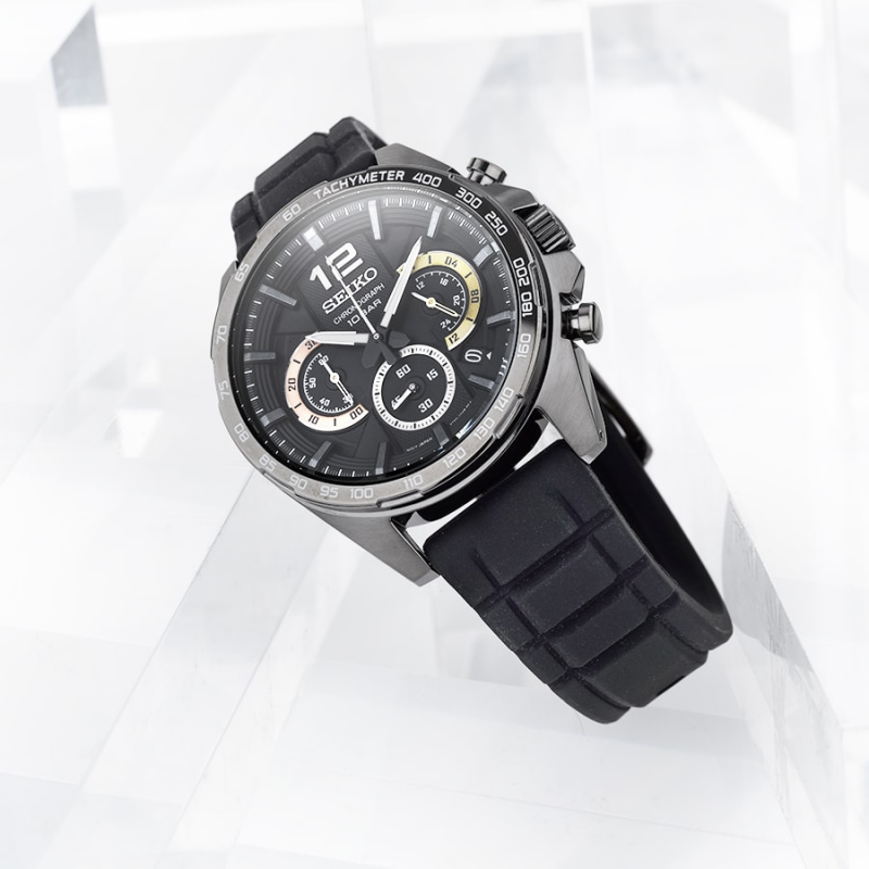 Seiko Gents SSB349P1 Sport Chronograph 100m Black Dial Black Silicone Band  Watch