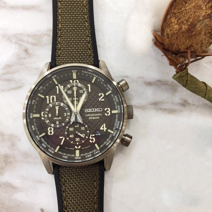 Seiko Gents SSB371P1 Sport Chronograph 100M Bronze Stainless Steel Case  Brown Dial Textile Nylon Topped Silicone Strap Watch