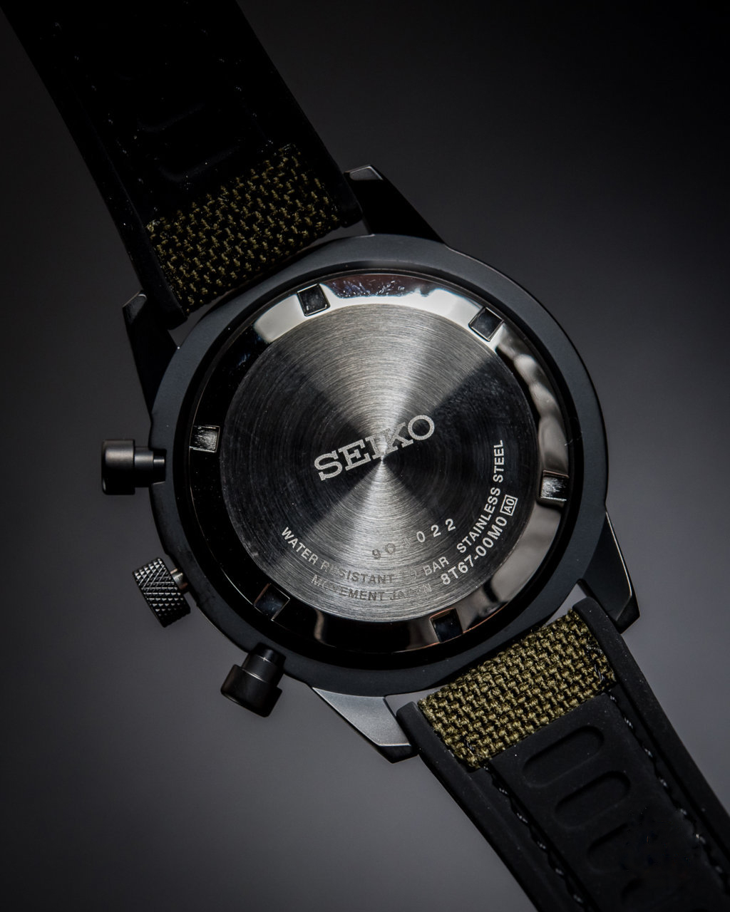 Seiko Gents SSB373P1 Sport Chronograph 100M Matte Black Stainless Steel  Case Black Dial Green Nylon Topped Silicone Strap Watch