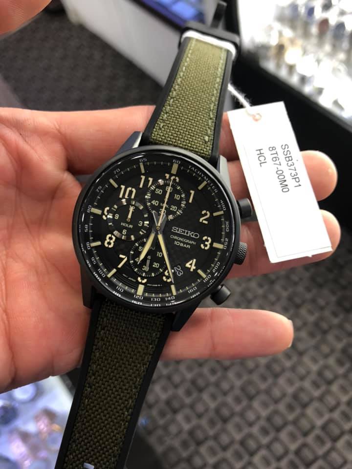 Seiko Gents SSB373P1 Sport Chronograph 100M Matte Black Stainless Steel  Case Black Dial Green Nylon Topped Silicone Strap Watch
