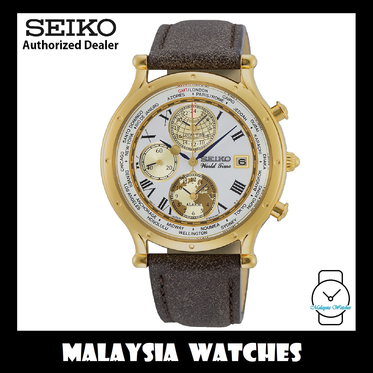 Seiko SPL060P1 Age of Discovery World Time Chronograph Analog White Dial  Gold Stainless Steel Case Brown Leather Strap Watch