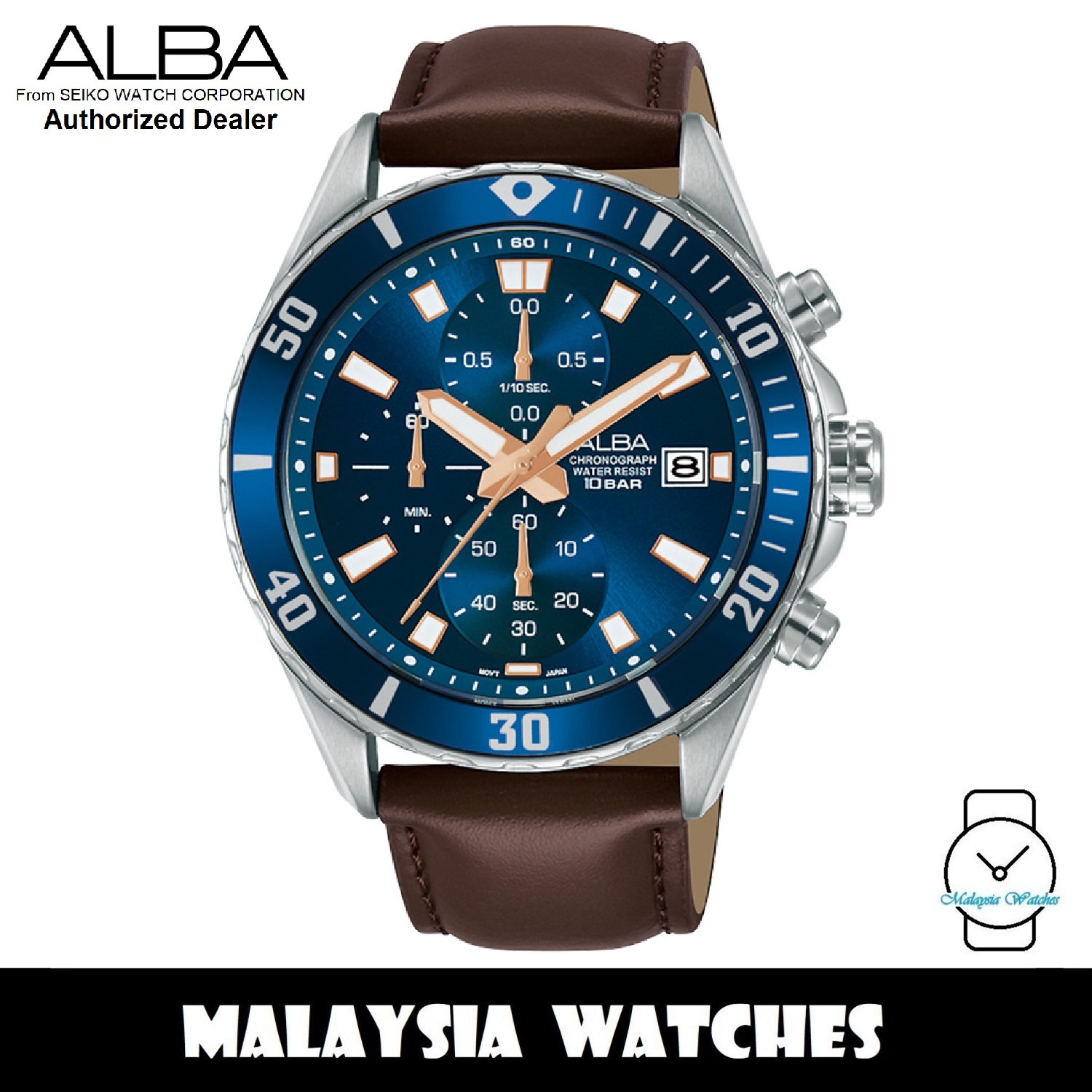 Alba Am3813x Quartz Analog Chronograph Blue Dial Stainless Steel Case Brown Leather Strap Men S Watch Am3813 Am3813x1 From Seiko Watch Corporation