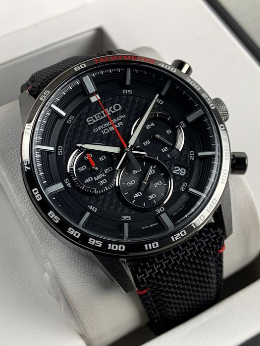 Seiko SSB359P1 Sports Quartz Chronograph Black Dial Hardlex Crystal Glass  Black Nylon-Topped Leather Strap Men's Watch
