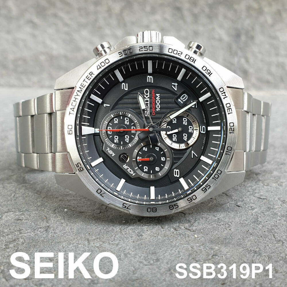 Seiko SSB319P1 Motorsport Quartz Chronograph Black Dial Hardlex Crystal  Stainless Steel Men's Watch