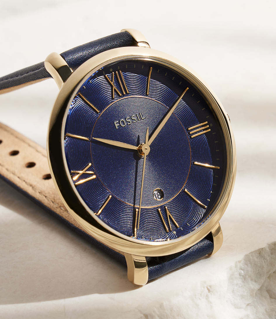 Gold-Tone Case Navy Leather Strap 
