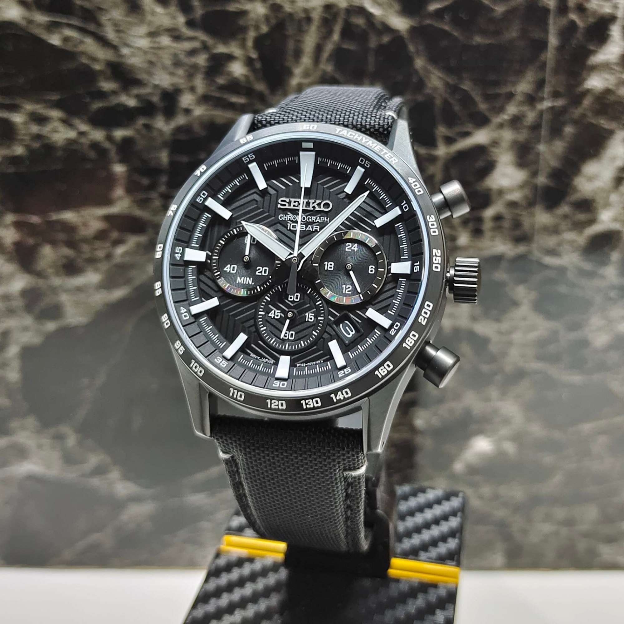 Seiko SSB417P1 Quartz Chronograph Black Dial Sapphire Crystal Glass Nylon Topped Leather Backed Strap Men's Watch
