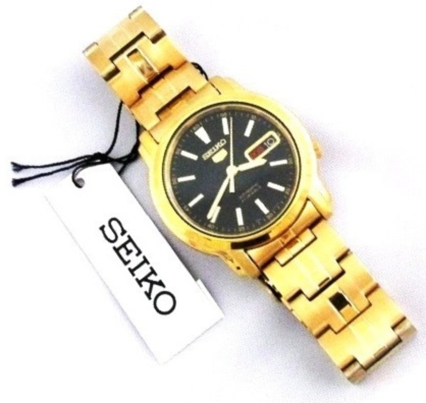 Seiko 5 SNKL88K1 Automatic See-thru Back Black Dial Gold-Tone Stainless  Steel Bracelet Gents Watch