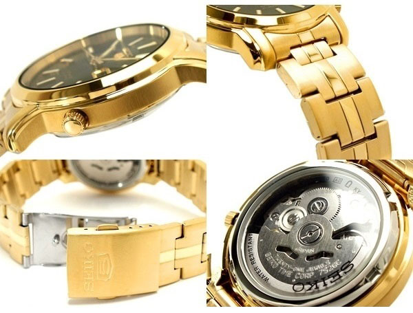 Seiko 5 SNKL88K1 Automatic See-thru Back Black Dial Gold-Tone Stainless  Steel Bracelet Gents Watch